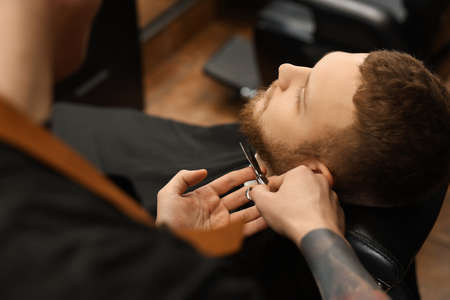 Professional hairdresser working with bearded client in barbershopの写真素材