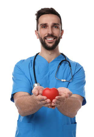 Doctor with stethoscope and red heart on white background. cardiology conceptの写真素材