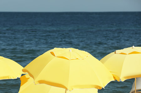 Yellow beach umbrellas near the sea on a sunny dayの写真素材