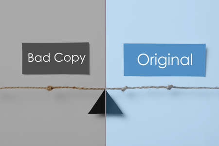 Black triangle, rope and words Bad Copy, Original on color background, flat lay. Plagiarism concept