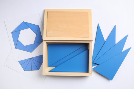 Set of geometric figures in box on white background, top view. Montessori toy