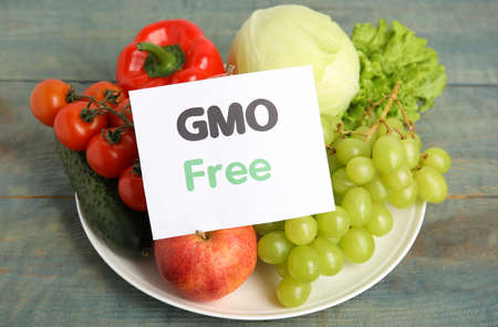 Fresh fruits, vegetables and card with text GMO Free on light blue wooden tableの写真素材