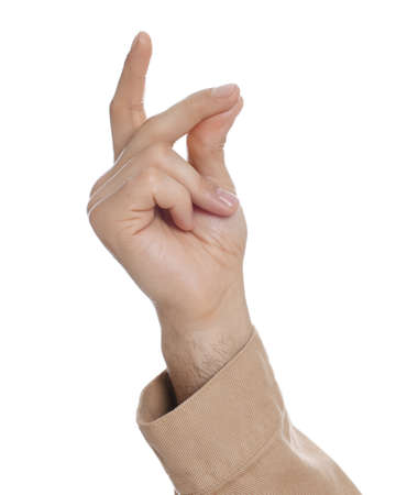 Man snapping fingers on white background, closeup of handの写真素材