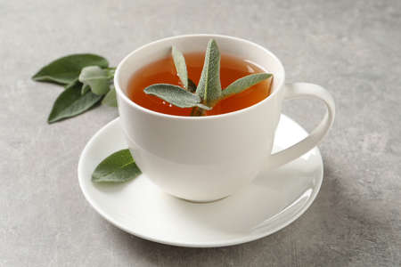 Cup of aromatic sage tea and fresh leaves on gray tableの写真素材
