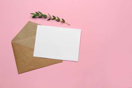 Brown envelope with blank letter and plant on pink background, flat lay. Space for textの写真素材