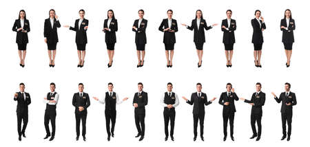 Collage with photos of receptionists on white background. banner designの写真素材