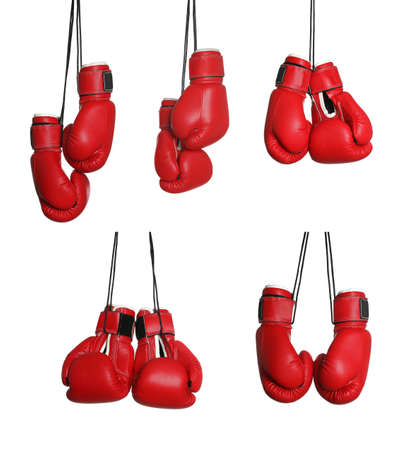 Set with red boxing gloves on white background
