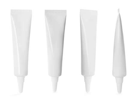 Set with blank tubes of cosmetic products on white background. Mockup for designの写真素材