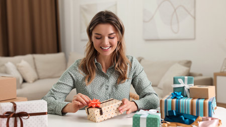 Beautiful young woman decorating gift box with bow at table in living roomの写真素材