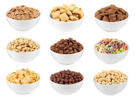 Set with different tasty breakfast cereals on white backgroundの写真素材