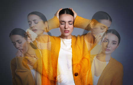 Multiple exposure of woman with cold symptoms on gray background