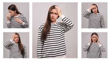 Collage with photos of woman with cold symptoms on white background. banner design