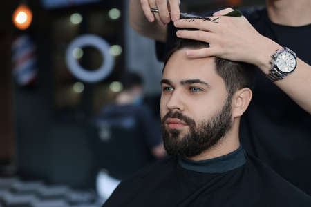 Professional hairdresser working with client in barbershop