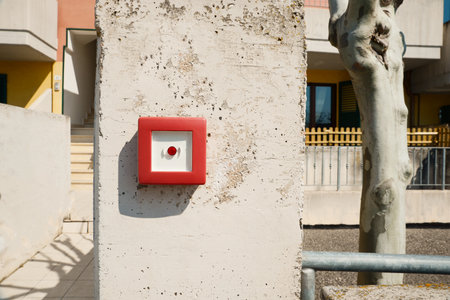 Red emergency button on stone pillar outdoors