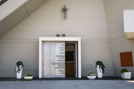 Entrance of modern church on spring dayの写真素材