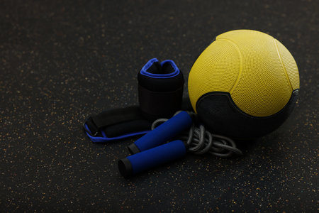 Yellow medicine ball, weighting agents and skipping rope on floor, space for textの写真素材