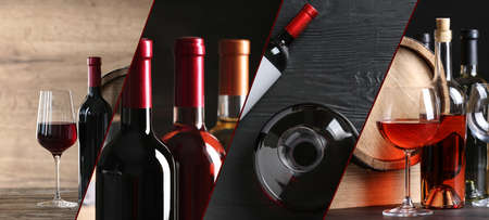 Beautiful collage with different photos of wine. banner designの写真素材