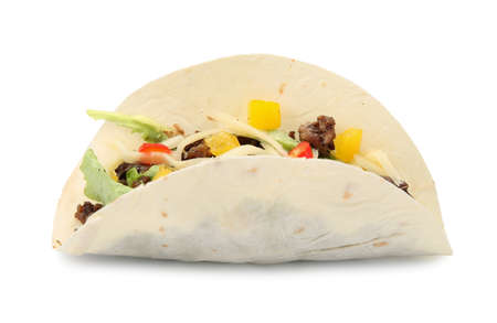 Delicious taco with fried meat, vegetables and cheese isolated on whiteの写真素材