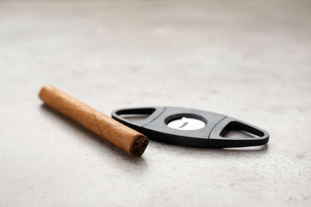 Cigar and guillotine cutter on light gray tableの写真素材