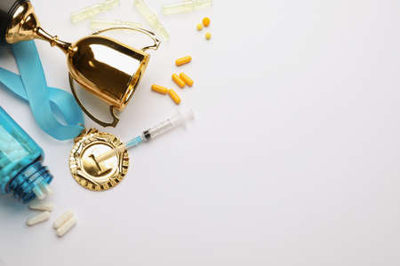 Flat lay composition with drugs on white background, space for text. doping controlの写真素材