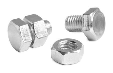 Metal bolts with hex nuts on white background