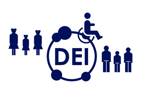 Concept of DEI - Diversity, Equality, Inclusion. Illustration of people, person with disability and abbreviation on white backgroundの写真素材