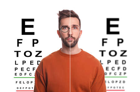 Collage with photos of man with and without glasses and eye charts on white background. Visual awareness testingの写真素材