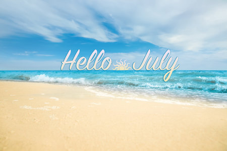 hello july. Sea waves rolling on beautiful sandy beachの写真素材