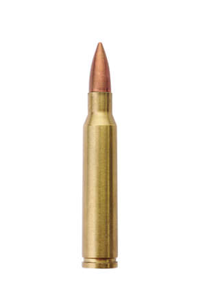 One bullet isolated on white, top view. military ammunition