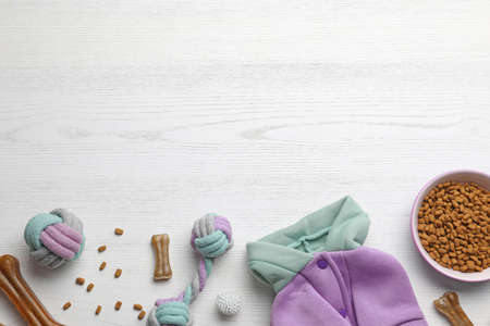 Flat lay composition with dog clothes, food and accessories on white wooden table. Space for text