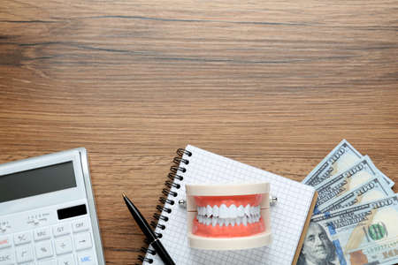 Flat lay composition with educational dental typodont model and money on wooden table, space for...