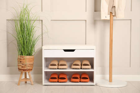 Stylish storage bench with different pairs of rubber slippers and beautiful houseplant near white...