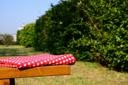 Folded red and white checkered tablecloth on wooden picnic table in parkの写真素材