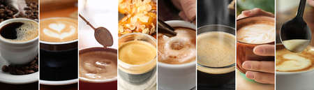 Beautiful collage with different photos of aromatic coffee. banner designの写真素材
