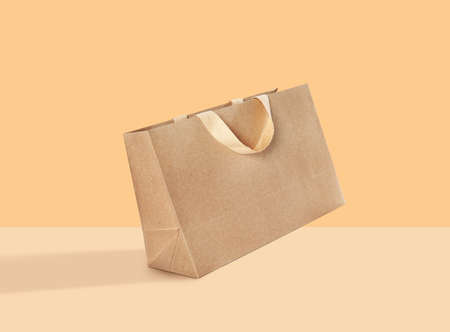 Kraft paper bag on color background. Mockup for design