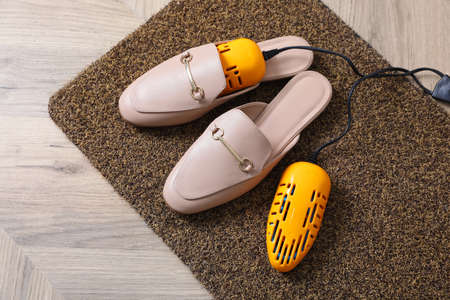 Pair of stylish shoes with modern electric footwear dryer on door mat indoors, above viewの写真素材
