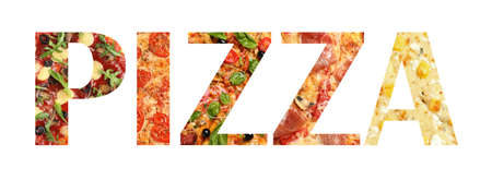 Different tasty pizzas in shape of letters forming word on white background. banner designの写真素材