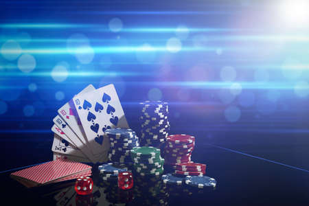 Casino chips, dice and playing cards on dark background, space for text. Full house poker...