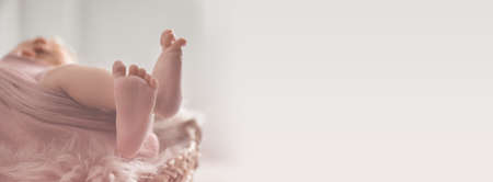 Cute newborn baby lying in wicker basket, closeup view with space for text. banner designの写真素材