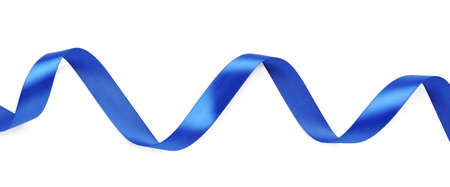 Beautiful blue ribbon isolated on white, top viewの写真素材