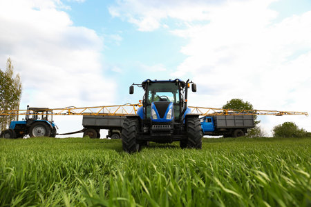 Tractors and trucks in the field on a sunny day. agricultural industry