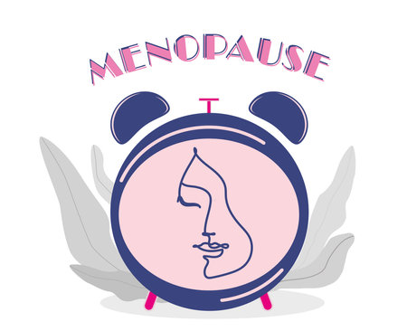 Concept of impending menopause. Alarm clock and woman on white background, illustrationの写真素材