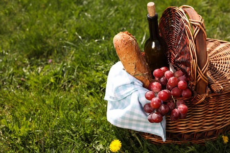 Wicker basket with picnic blanket, bottle of wine, grapes and bread on green grass. Space for textの写真素材