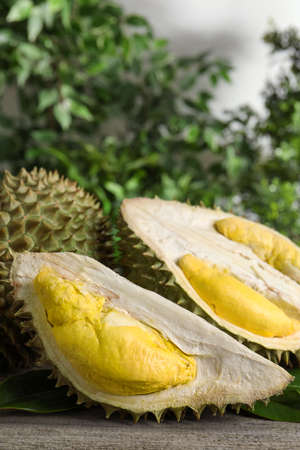 Fresh ripe durian fruits on wooden table, closeupの写真素材