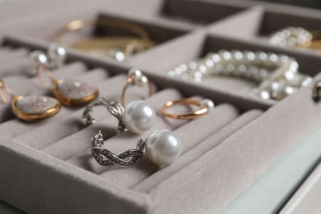 Box with luxurious pearl jewelry, closeup viewの写真素材