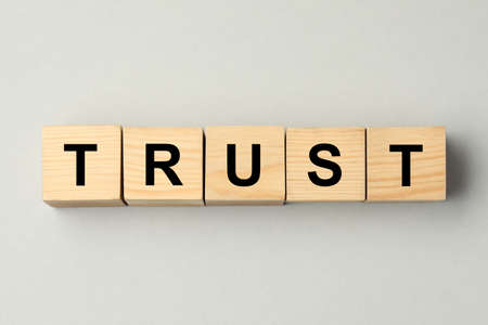 Word Trust made of wooden cubes on gray background, flat layの写真素材