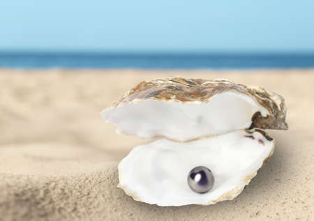 Open oyster shell with black pearl on sandy beach near sea