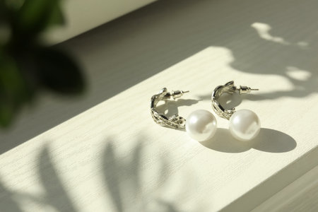 Elegant silver earrings with pearls on white wooden table, closeup view. Space for textの写真素材