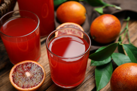 Tasty sicilian orange juice and fruits on wooden tableの写真素材
