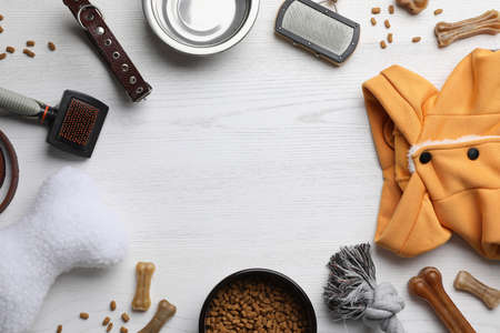 Flat lay composition with dog clothes, food and accessories on white wooden table. Space for textの写真素材